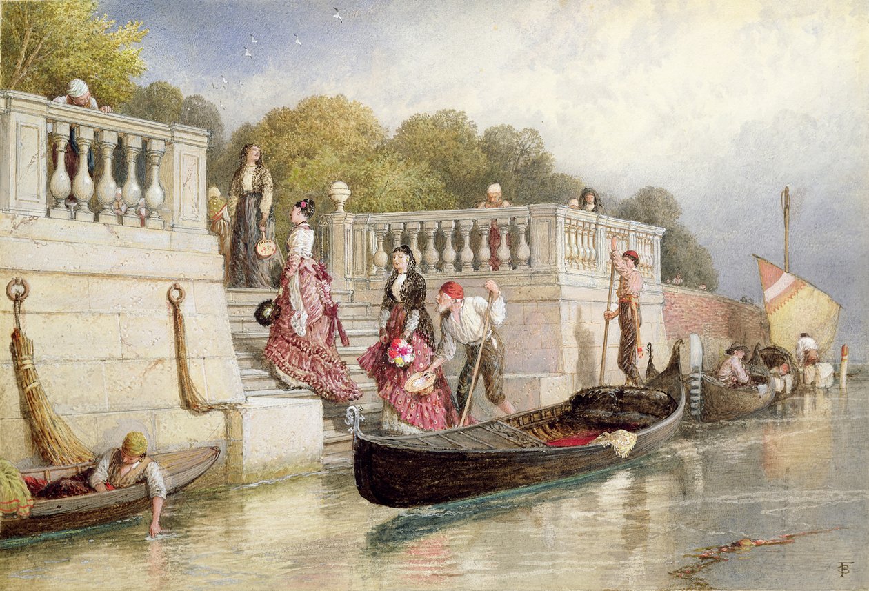 Landstigning fra gondolen, Venedig (wc med kropsfarve på papir) af Myles Birket Foster