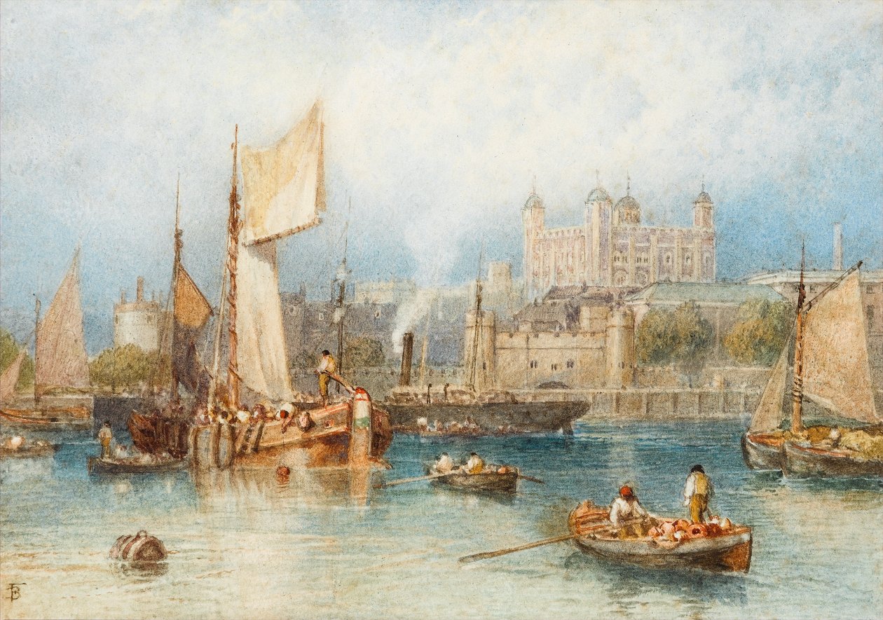 Tower of London fra Themsen (wc på papir) af Myles Birket Foster