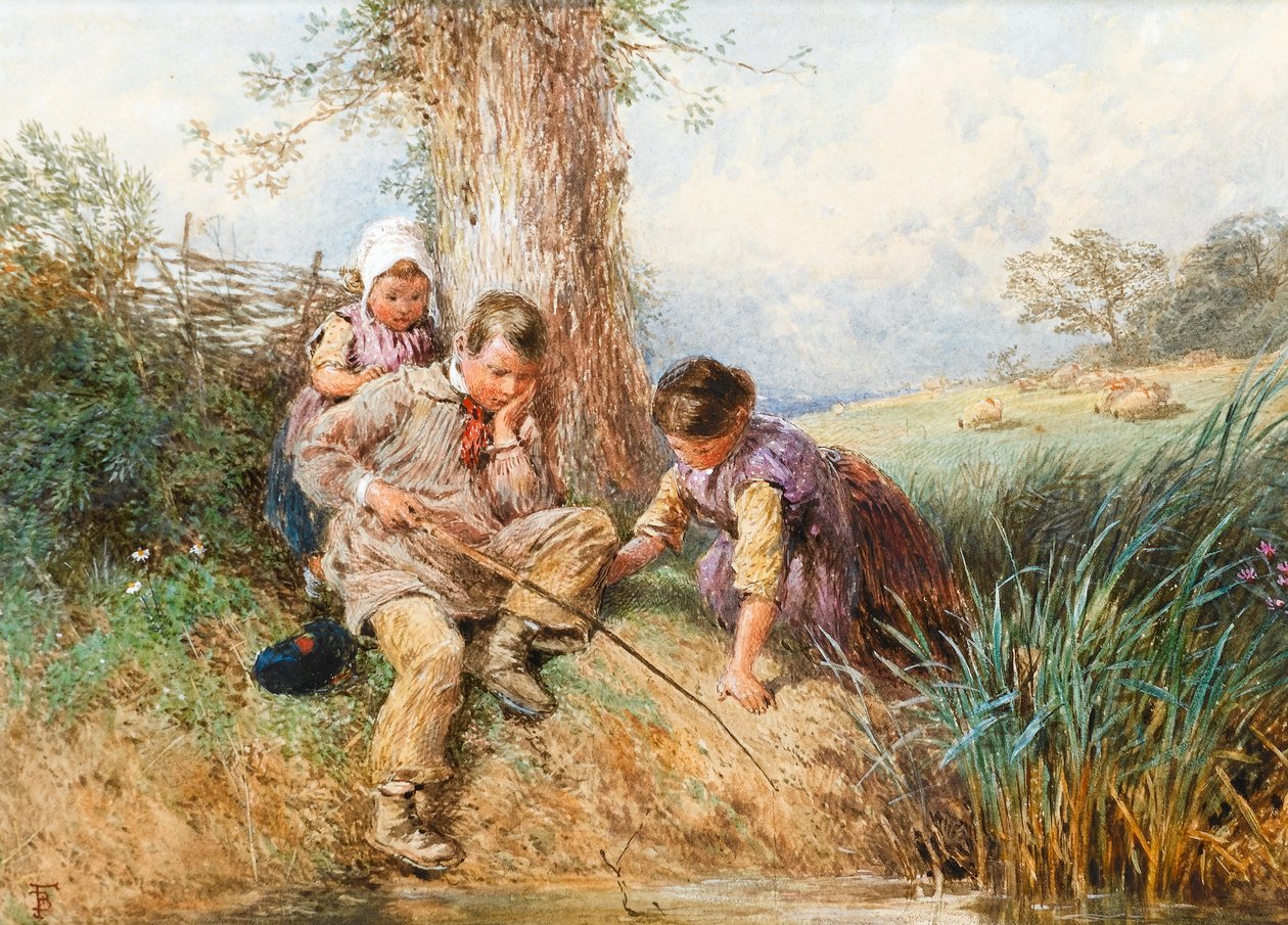 Unge lystfiskere: No Luck Today (wc på papir) af Myles Birket Foster
