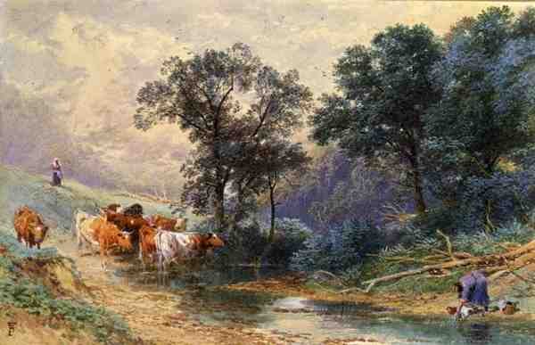 At the Stream (akvarel på papir) af Myles Birket Foster