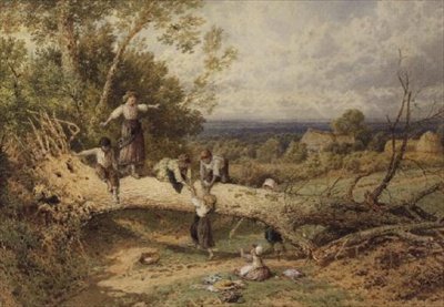 Børn leger på et væltet træ af Myles Birket Foster