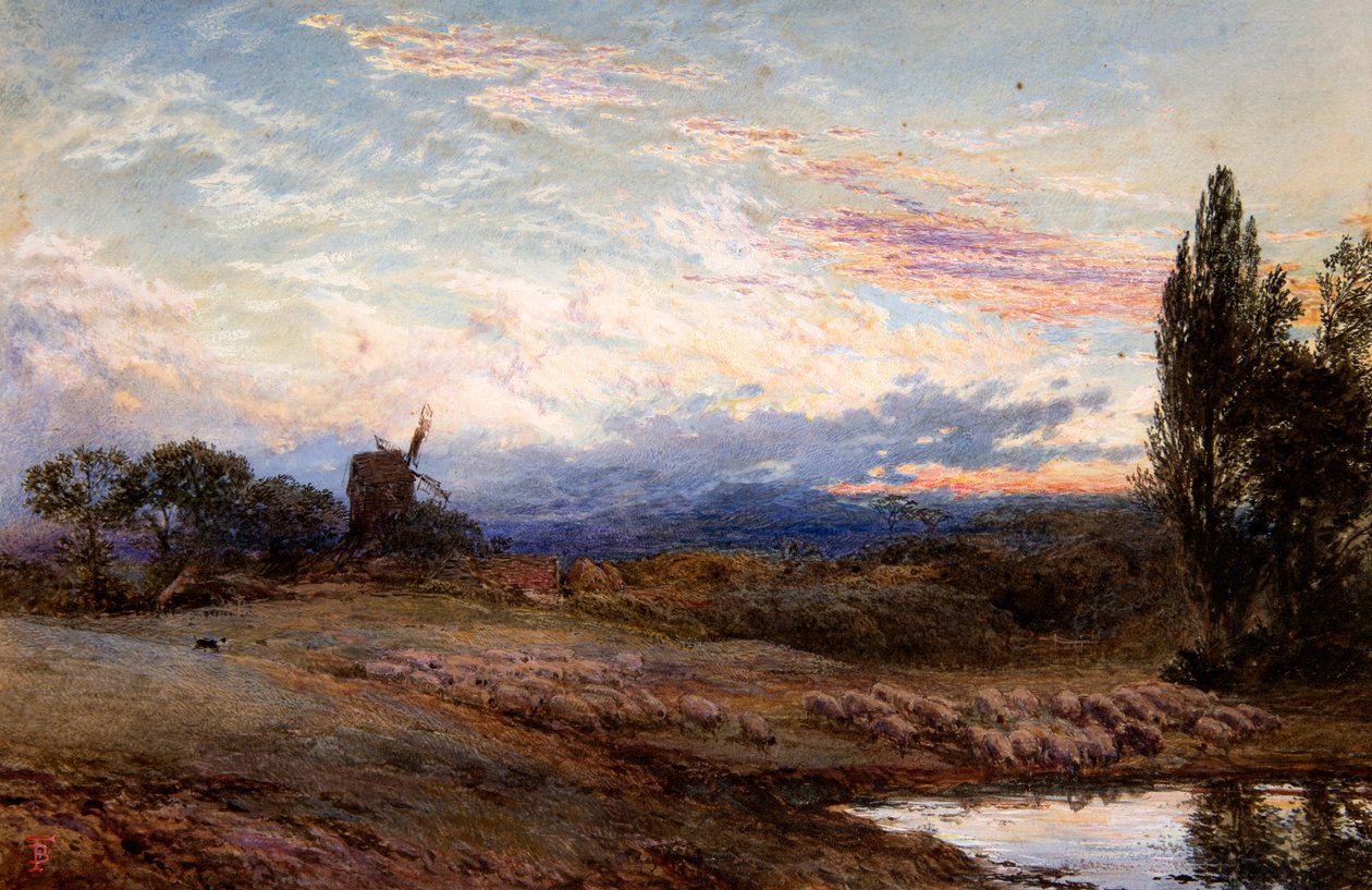 Får vander ved solnedgang (akvarel) af Myles Birket Foster
