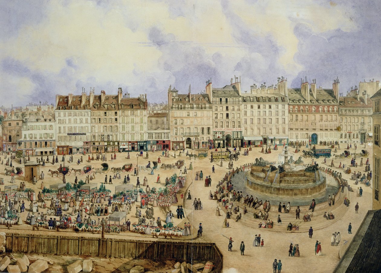 Udsigt over Place de la Republique og springvandet, 1848 (wc på papir) af N. Pelcocq