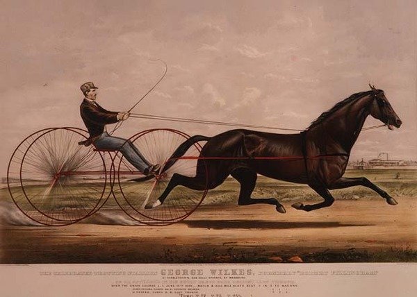 Den berømte travhingst George Wilkes, som han så ud i sit store vognløb mod Lady Thorne den 14. juni 1866, af N. and Ives, J.M. Currier