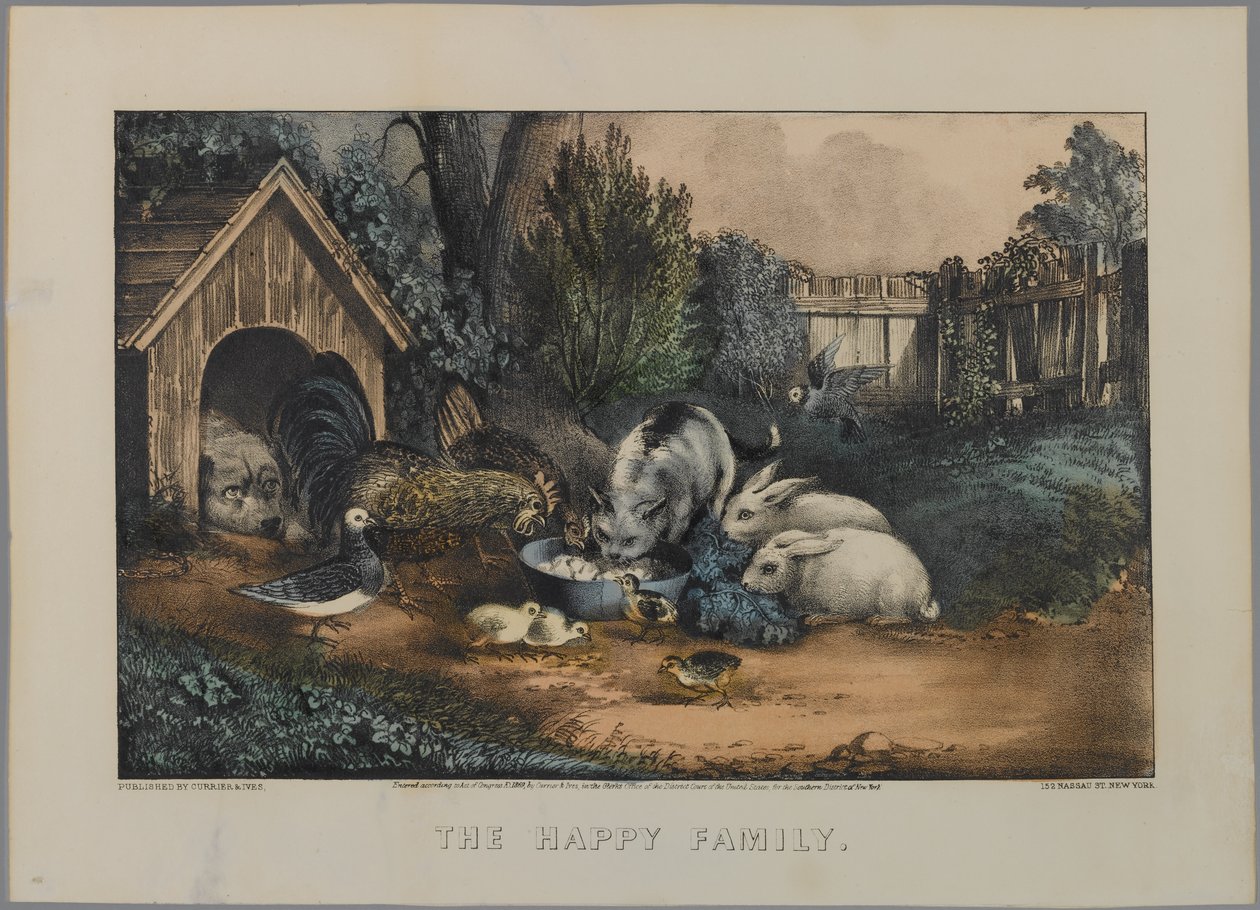 Den glade familie (håndfarvet litho) af N. and Ives, J.M. Currier