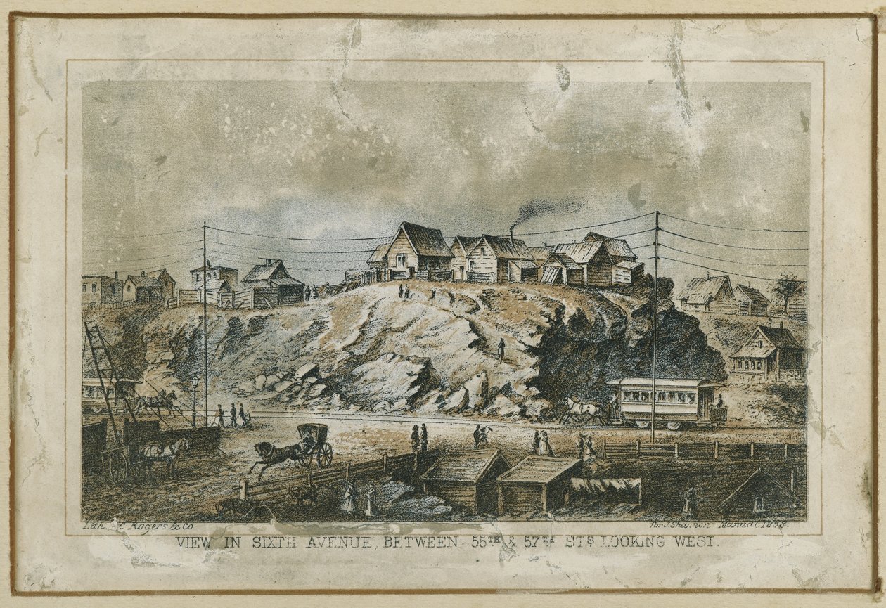 Udsigt i Sixth Avenue, mellem 55th & 57th Streets mod vest, 1858 af N. and Ives, J.M. Currier