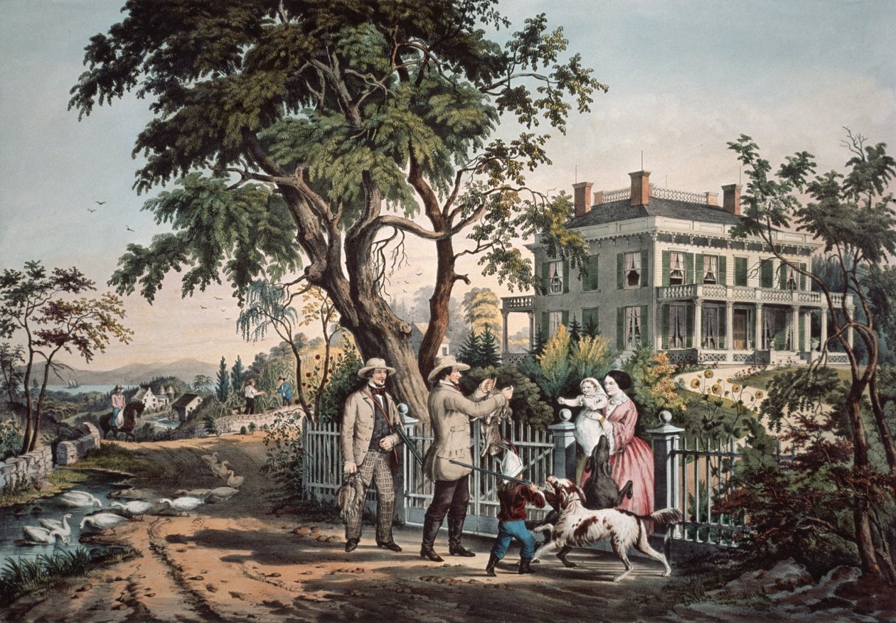 Amerikansk landliv - oktober eftermiddag, 1855 af N. and Ives, J.M. Currier