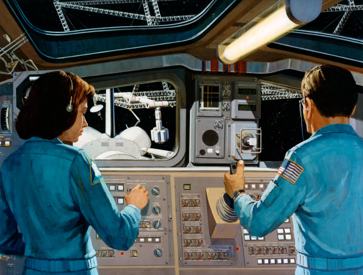 Inde i en futuristisk rumstation, c1970