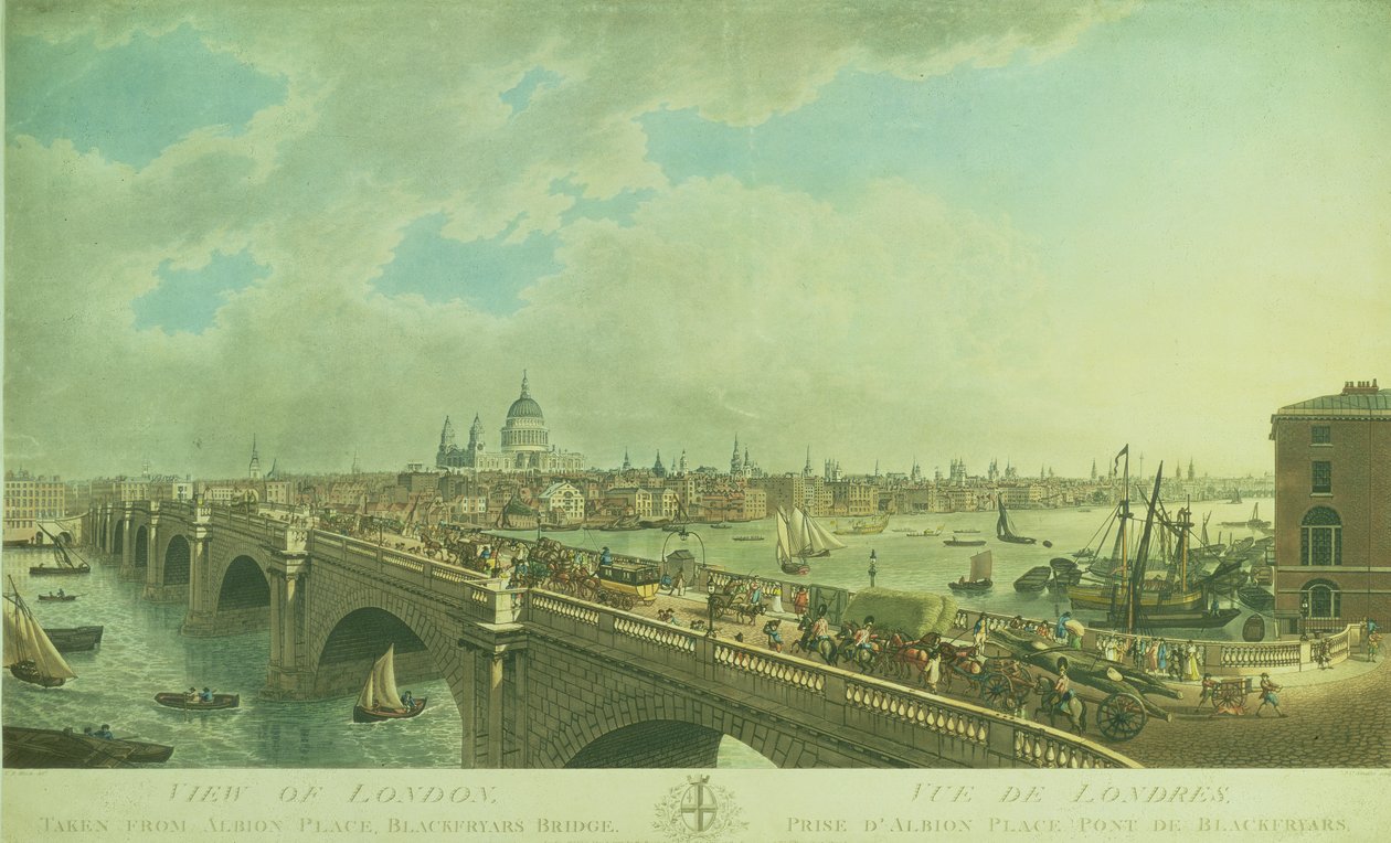 Udsigt over London taget fra Albion Place, Blackfriars Bridge, indgraveret af Joseph Constantine Stadler (fl.1780-1812), pub. 1802 (akvatint) af N.R. Black