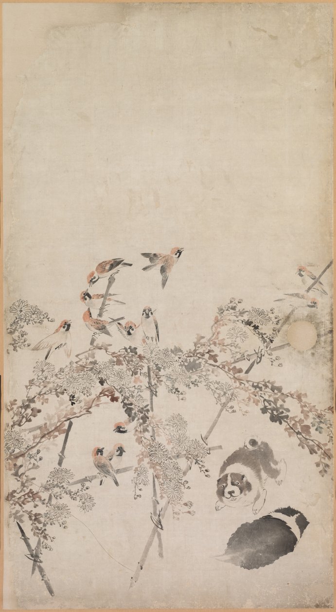 Hvalpe, spurve og krysantemum, 1754-1799. af Nagasawa Rosetsu
