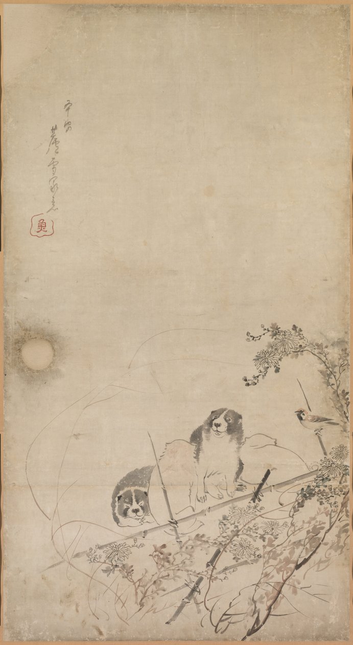 Hvalpe, spurve og krysantemum, 1754-1799. af Nagasawa Rosetsu