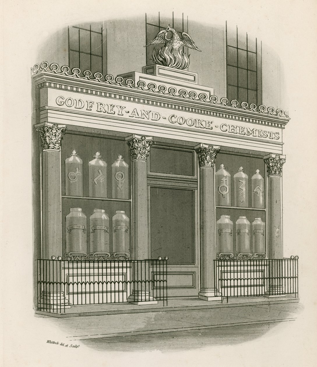 Butiksfacade af Godfrey and Cooke, Chemists, Conduit Street, London af Nathaniel Whittock