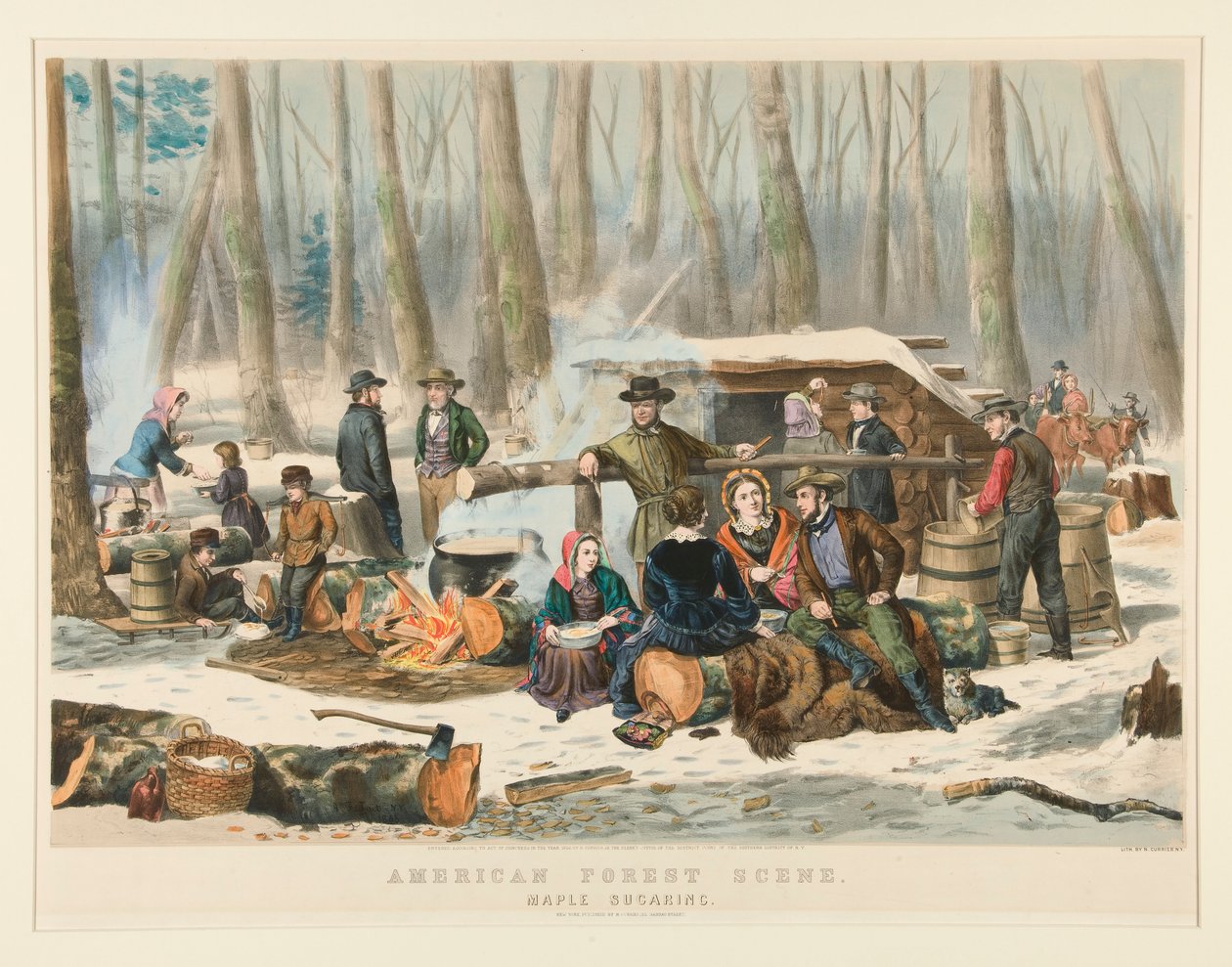 American Forest Scene, Maple Sugaring af Nathaniel Currier