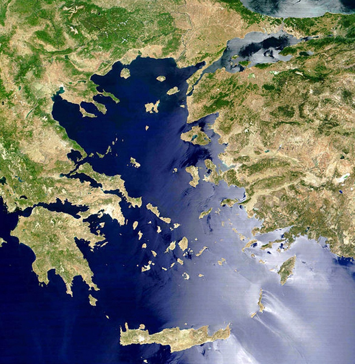 Satellitbillede over Det Ægæiske Hav: Kreta er øen i midten. NASA billede. Videnskab af National Aeronautics and Space Administration National Aeronautics and Space Administration