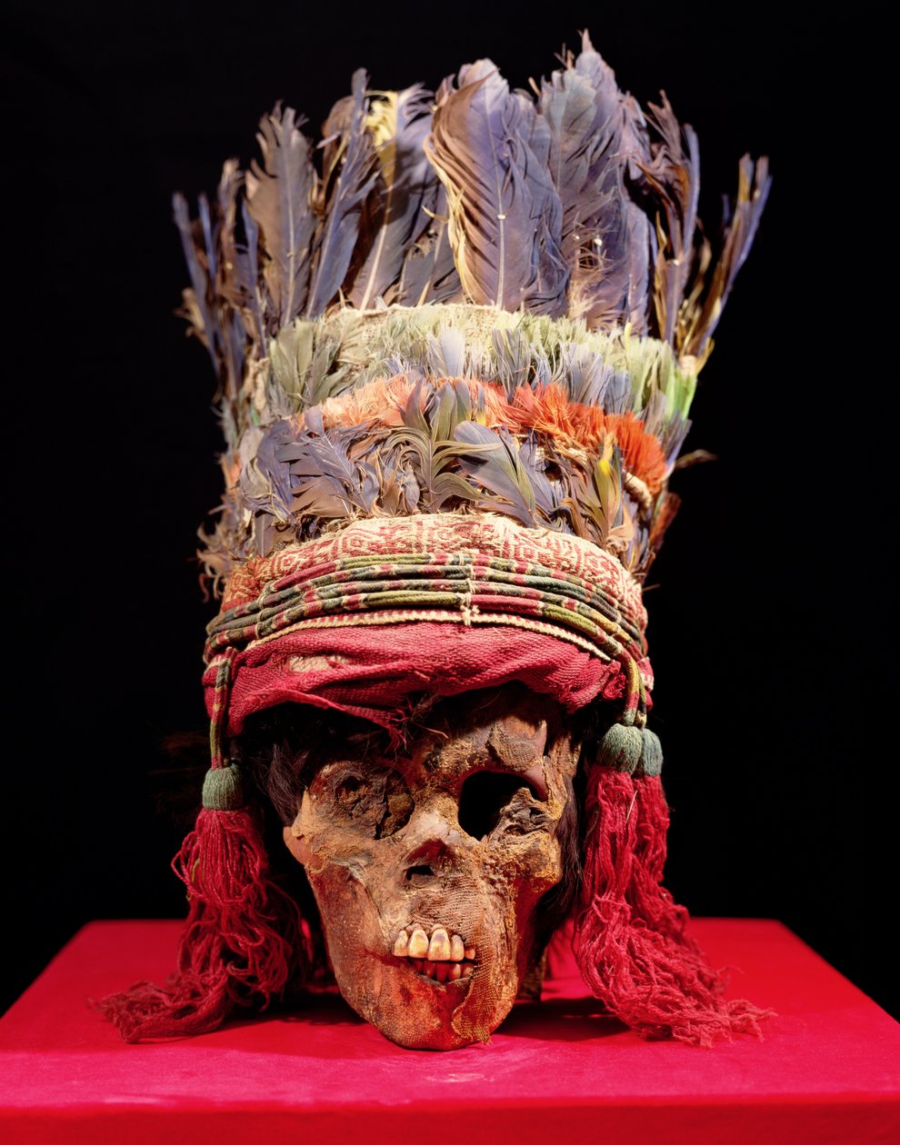 Fjerbeklædt hovedbeklædning på et kranie, fra Peru (fjer) af Nazca Culture