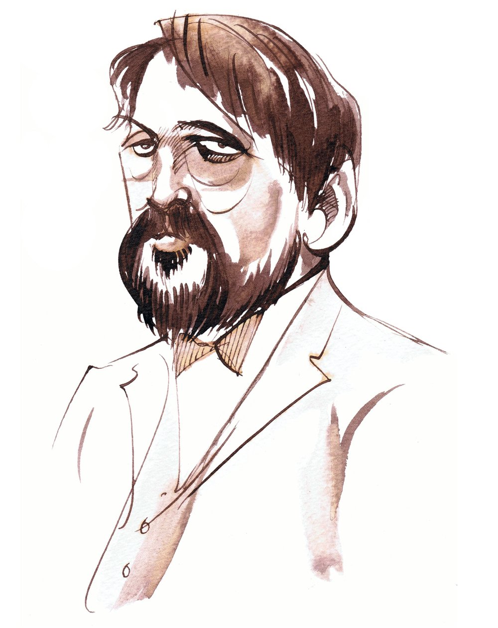 Achille-Claude Debussy, fransk komponist (1862-1918), portræt med sepiafarvet blæk af Neale Osborne