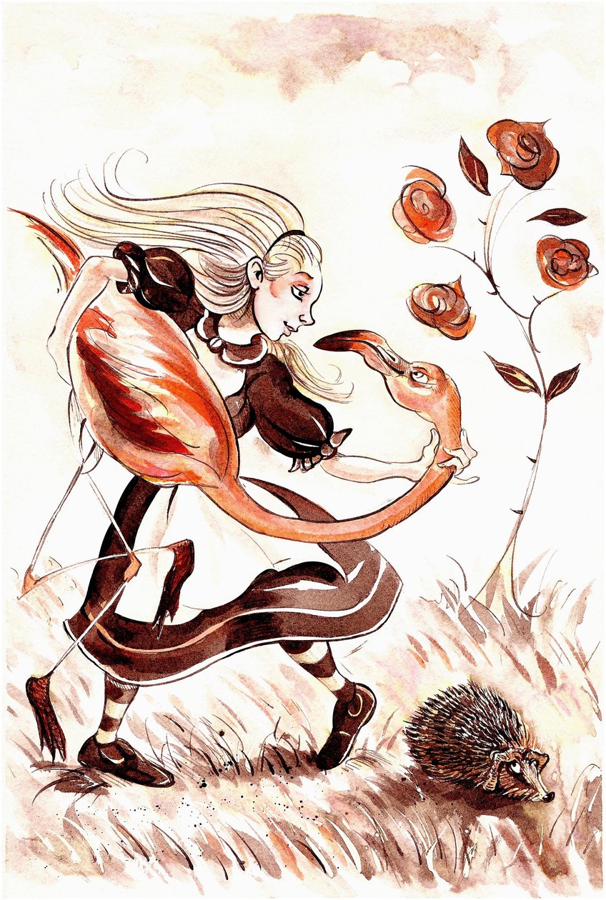 Alice med en flamingokølle - illustration til Lewis Carrolls Alices Adventures in Wonderland (1865), 2005 af Neale Osborne
