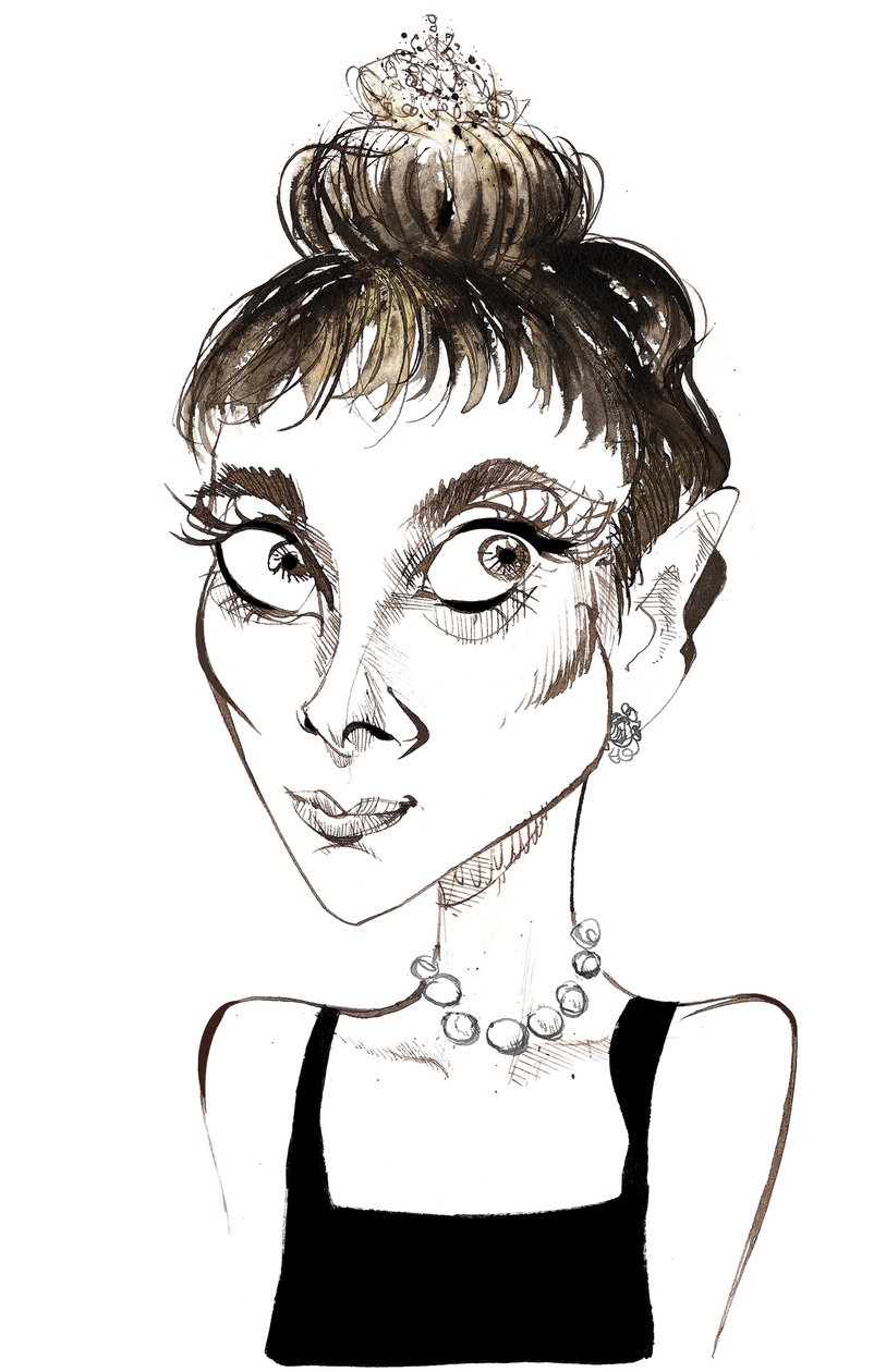 Audrey Hepburn (1929-1993) belgisk-født skuespillerinde, farvekarikatur som Holly Golightly fra filmen Breakfast at Tiffanys fra 1961 (instrueret af Blake Edwards) af Neale Osborne