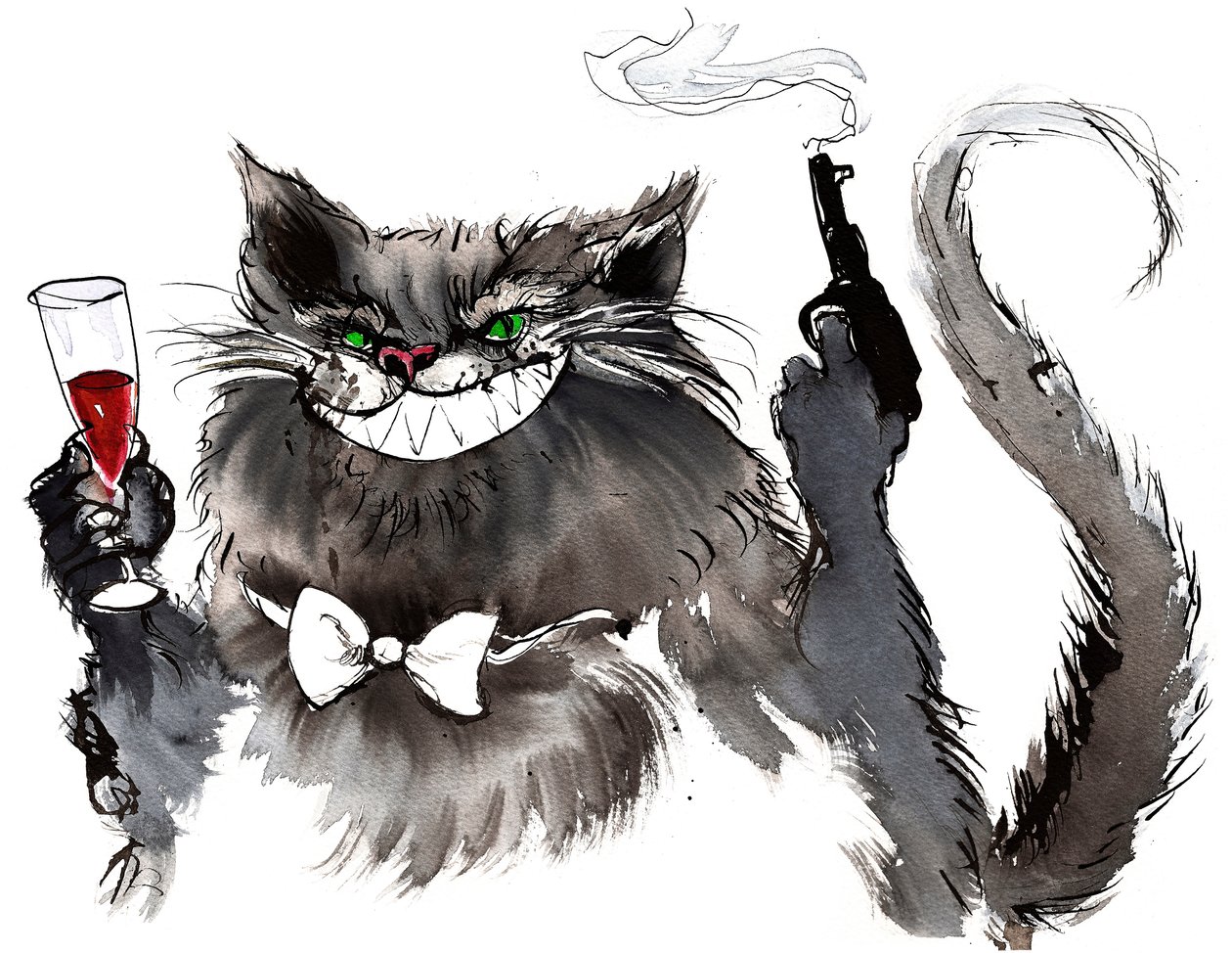 Behemoth med pistol kæmpe kattekarakter fra Mesteren og Margarita af Mikhail Bulgakov (russisk dramatiker og forfatter, 1891-1940); blæk og akvarel, 2015 af Neale Osborne