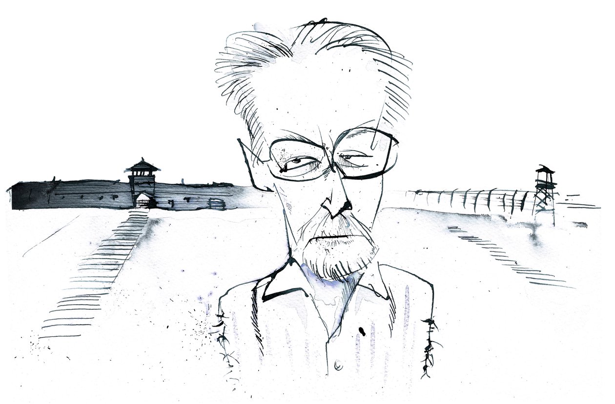 Den italienske forfatter, digter og kemiker Primo Levi (1919-87); karikatur af Neale Osborne