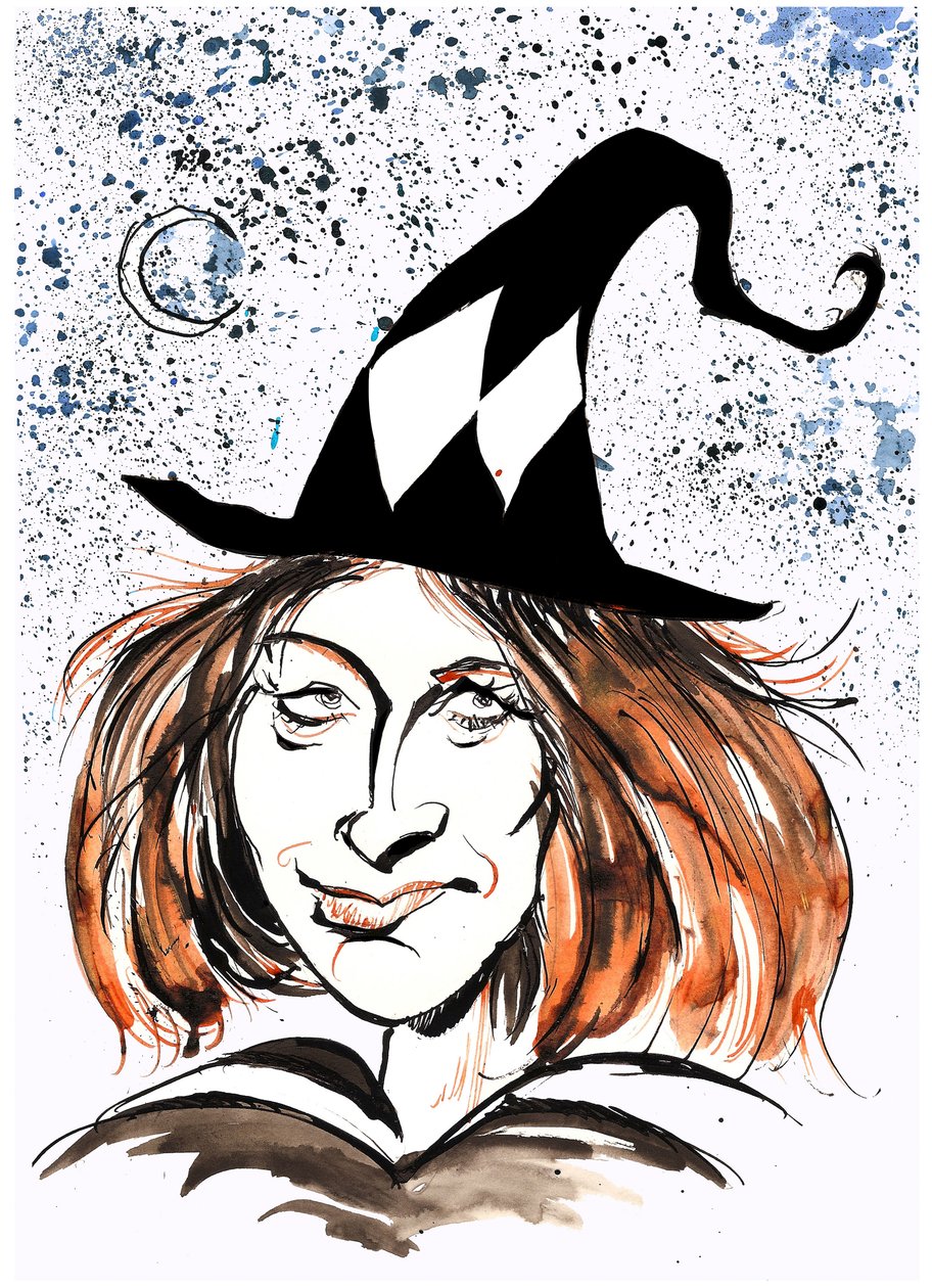 J K Rowling - karikatur som heks af Neale Osborne