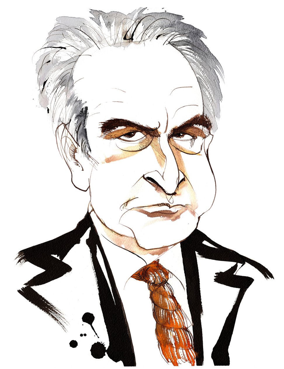 John Banville, irsk forfatter og manuskriptforfatter; kriminalforfatter under pseudonymet Benjamin Black; karikatur med stropsslips af Neale Osborne