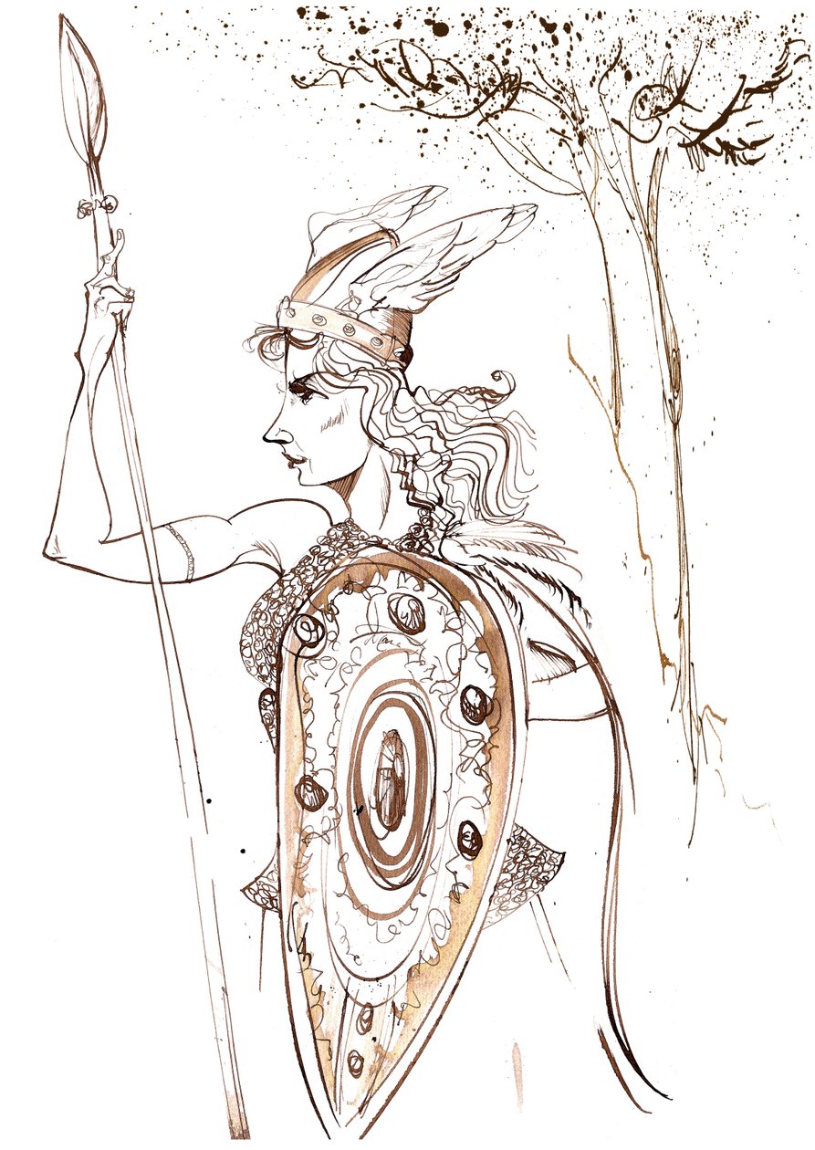 Kirsten Flagstad som Brünnhilde fra operaen Die Walküre af Richard Wagner (tysk komponist 1813-83); sepia karikatur af Neale Osborne