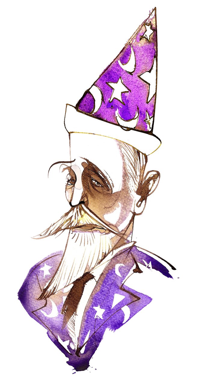 Paul Dukas, fransk komponist (1865-1935); karikeret som en troldmand af Neale Osborne