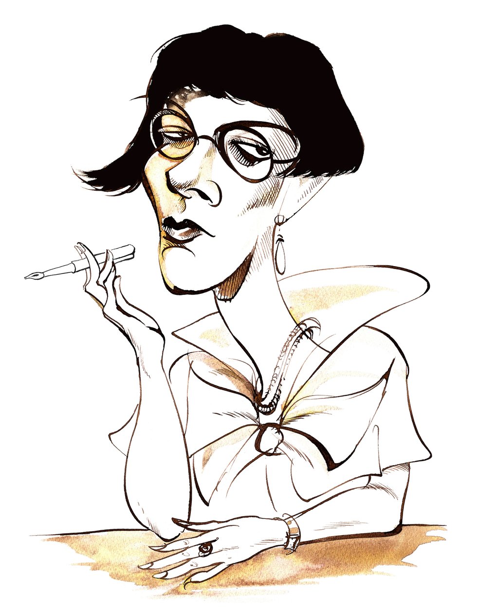 Sylvia Townsend Warner - karikatur med kuglepen i hånden af Neale Osborne