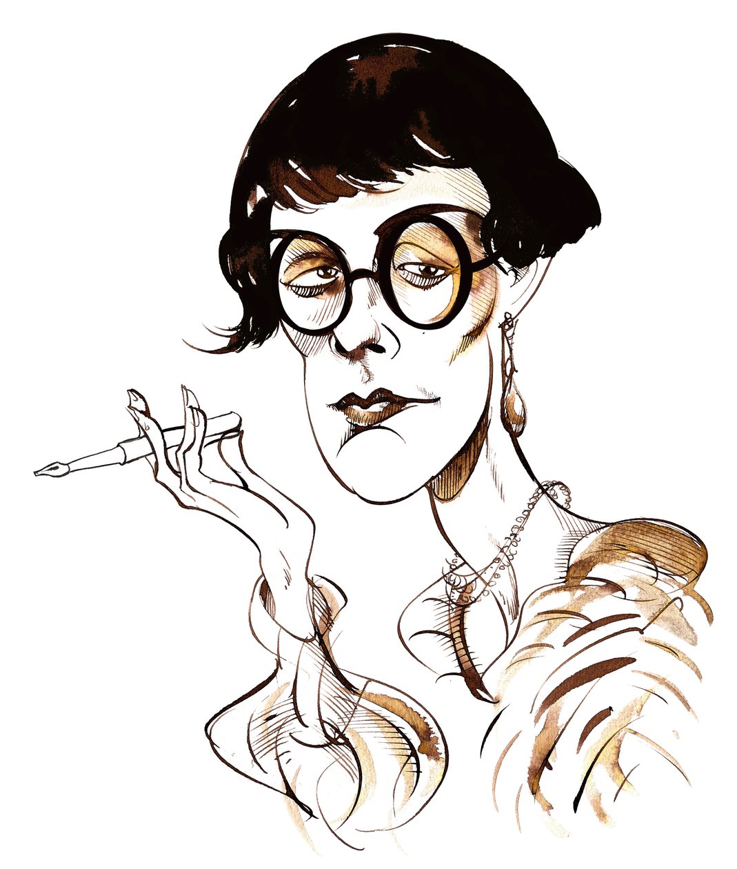 Sylvia Townsend Warner - karikatur med kuglepen i hånden af Neale Osborne