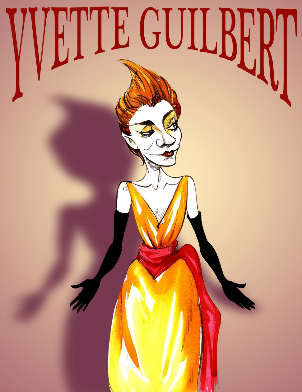 Yvette Guilbert, fransk skuespillerinde og cabaretsangerinde, (1867 - 1944) karikatur, med bogstaver i stil med en plakat fra belle epoque af Neale Osborne
