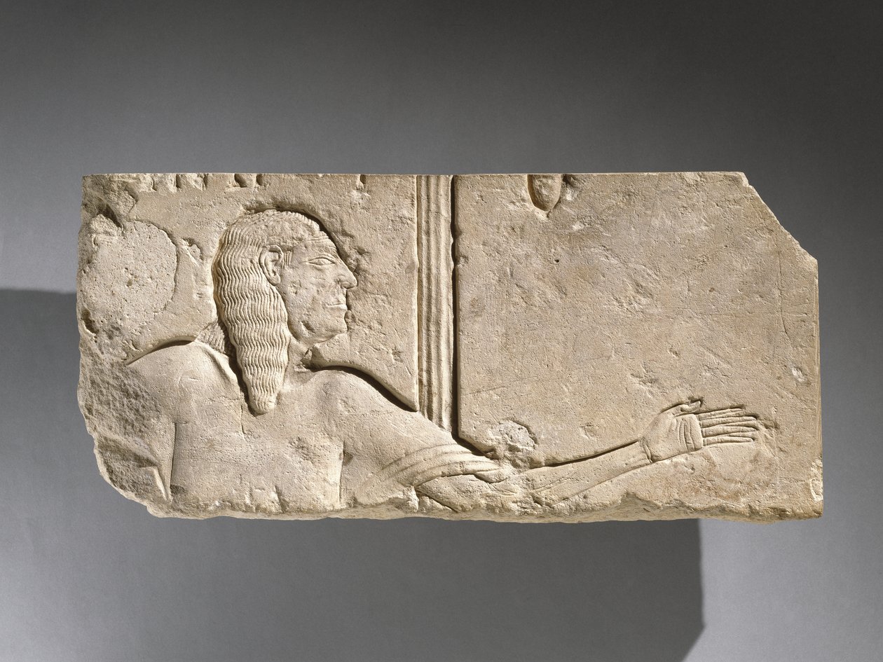 Relief af en gammel hofmand, muligvis fra Saqqara, Egypten (kalksten) af New Kingdom Egyptian