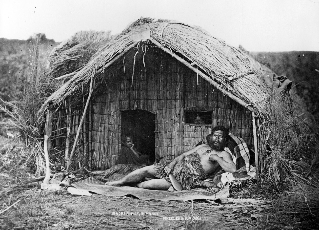 Maorihøvding og whare, ca. 1863-80 af New Zealand Photographer