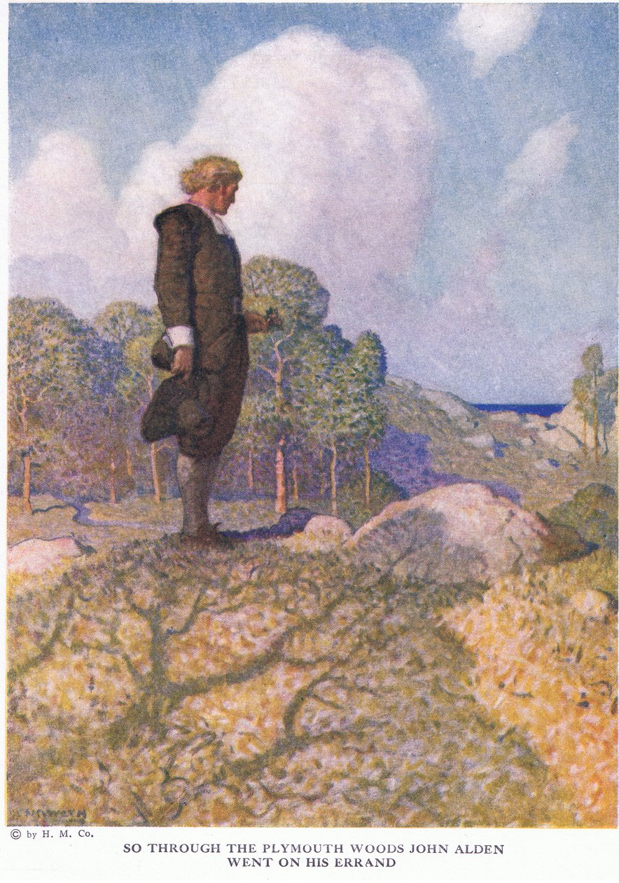 Så John Alden gik gennem skoven i Plymouth på sit ærinde af Newell Convers Wyeth