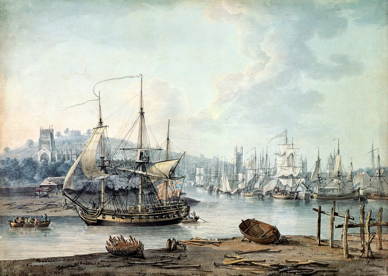 Bugsering af et krigsskib ud af Bristol Harbor af Nicholas Pocock