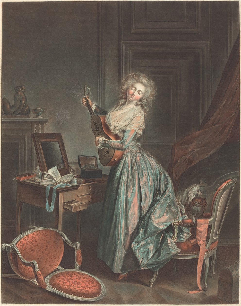 A Woman Playing the Guitar, 1788-9, graveret af Jean-François Janinet (ætsning og vaskemåde trykt med farveblæk) af Niclas II Lafrensen