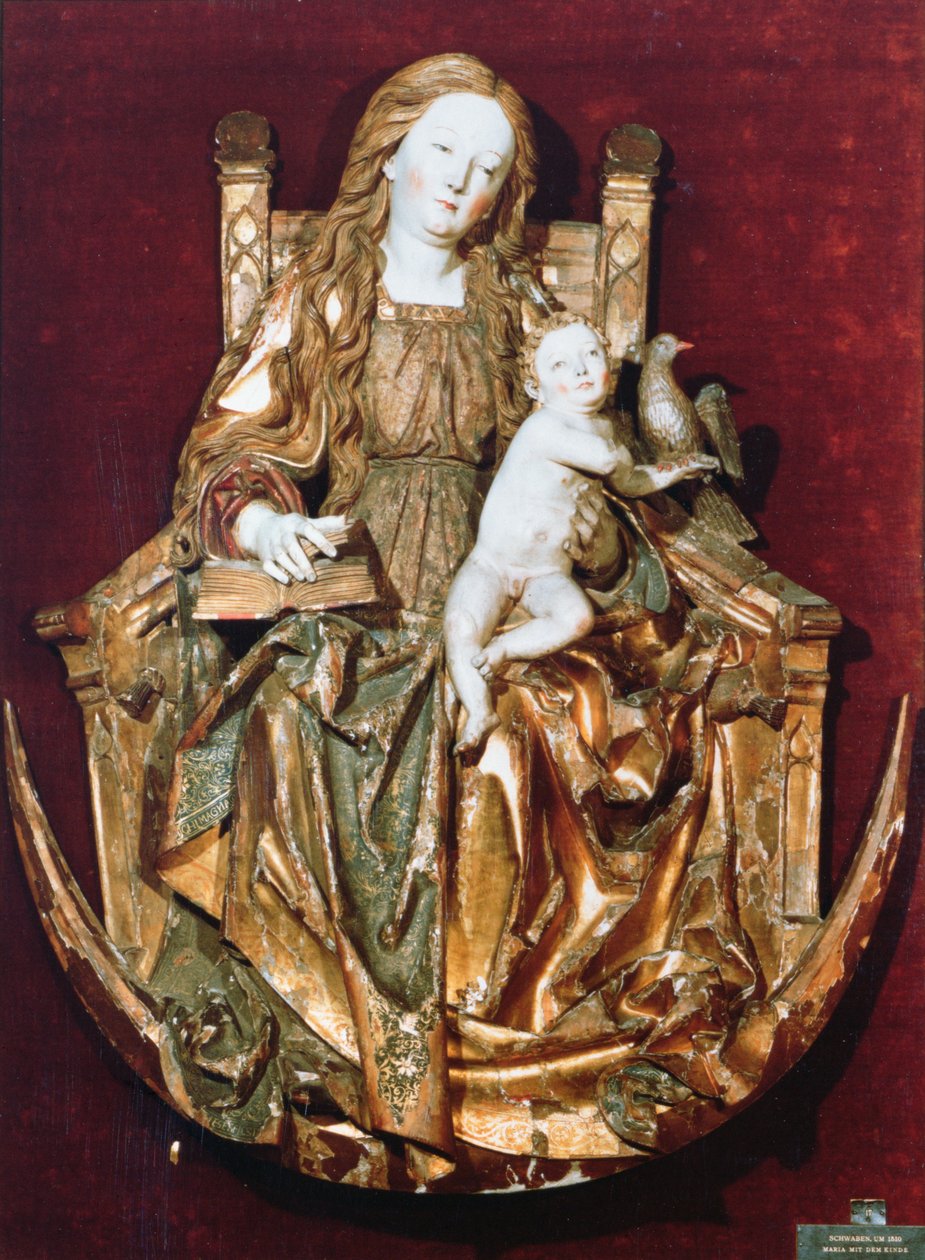 Madonna og barn troner over en halvmåne, ca. 1510 (polykromt træ) af Niclaus the Elder attr. to Weckman