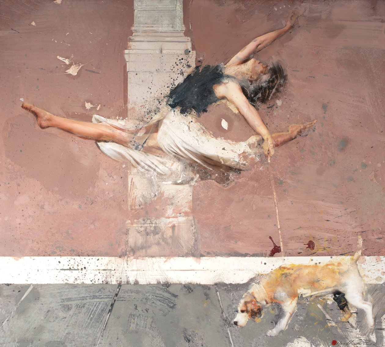 Ballerina med hund, 2021 (olie på lærred) af Nicola Pucci