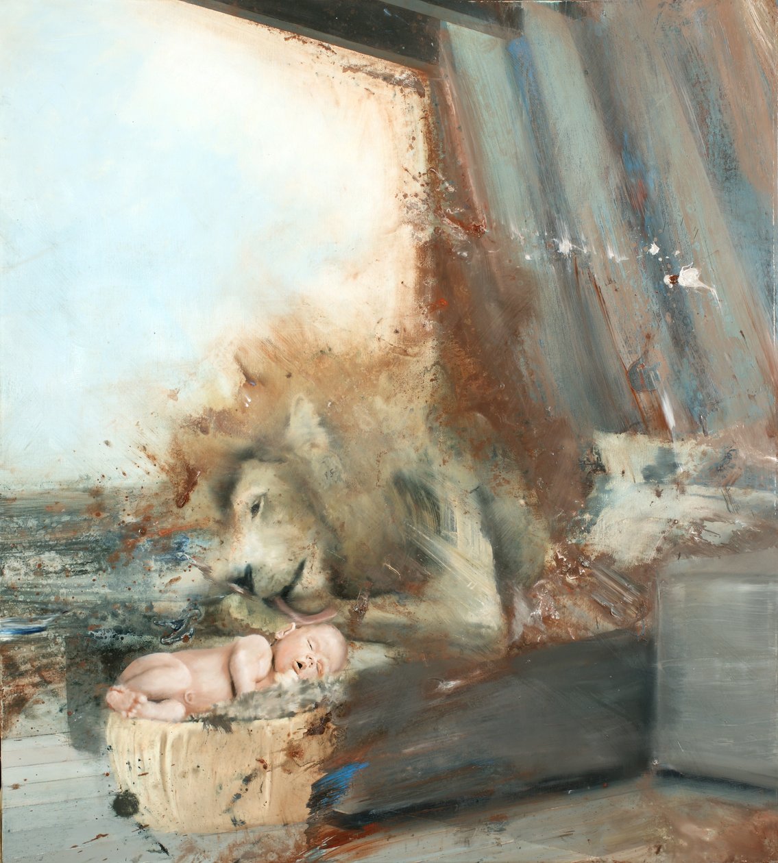 Løve med barn, 2015 (olie på lærred) af Nicola Pucci