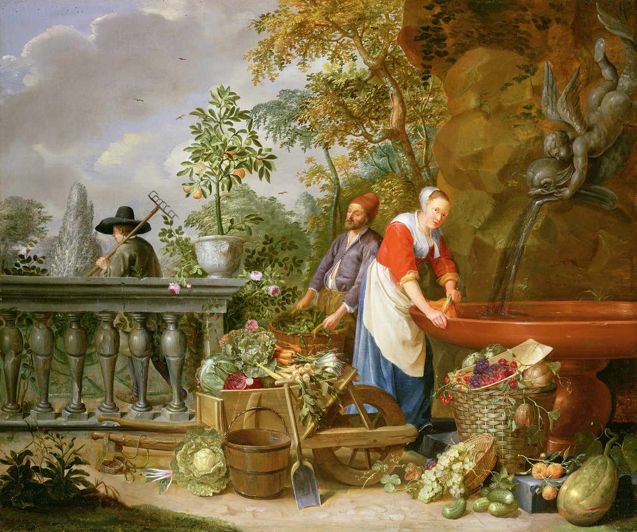 En stuepige vasker gulerødder ved et springvand med to gartnere på arbejde af Nicolaas or Nicolaes Muys