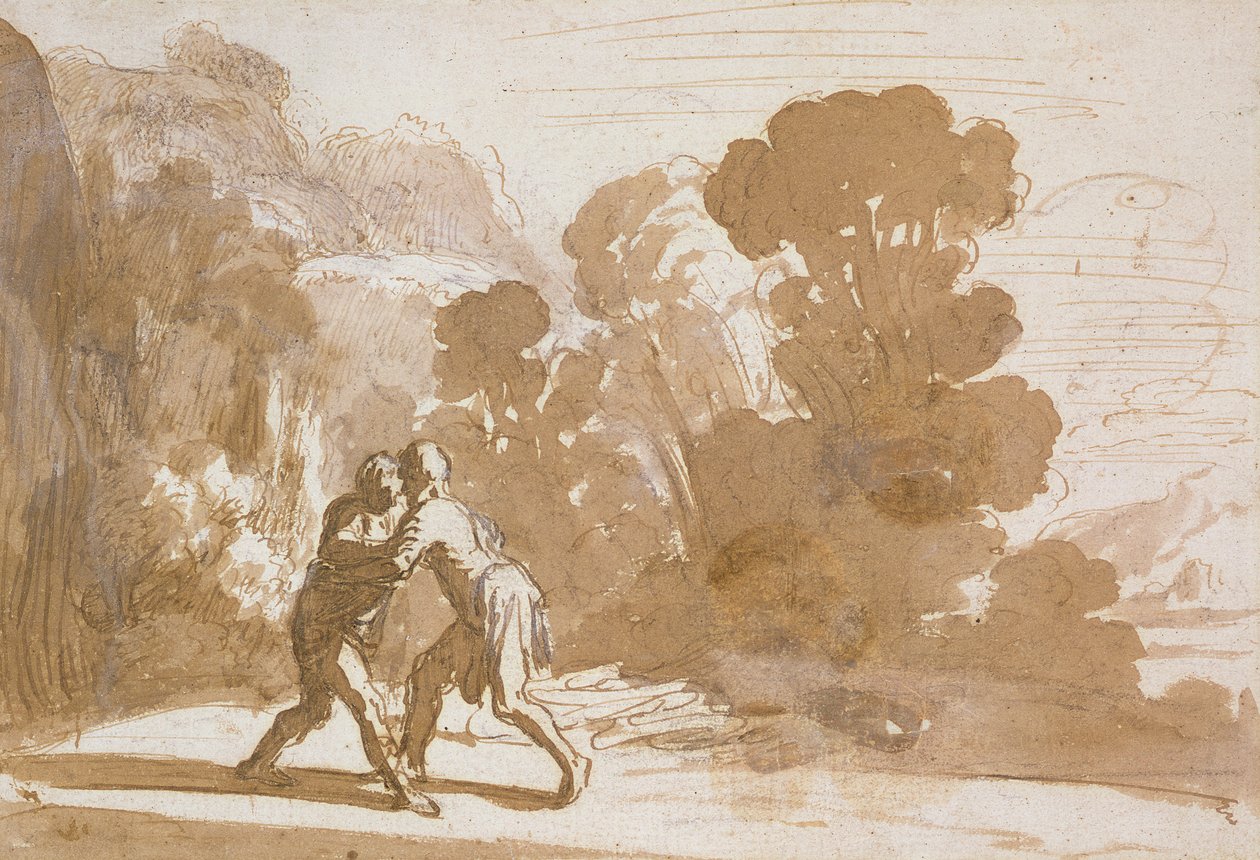 Nr.3192 Jakob kæmper med en engel, ca.1605-10 (pen og blæk med vask) af Nicolaes Cornelisz Moeyaert