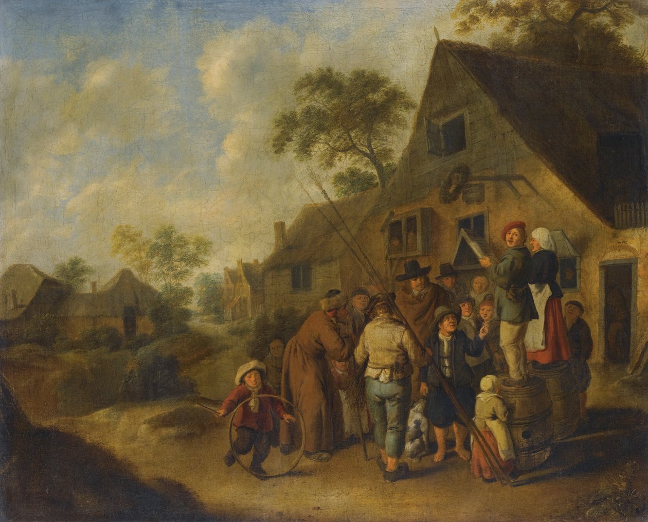 Tal, der forkynder nyhederne på tønder uden for en kro af Jan Miense Molenaer af Nicolaes Molenaer