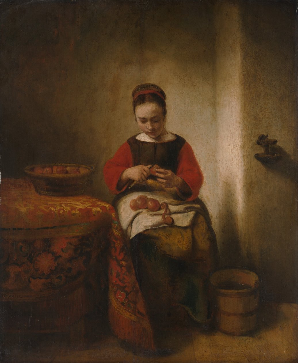 Ung kvinde skræller æbler, ca. 1655. af Nicolaes Maes