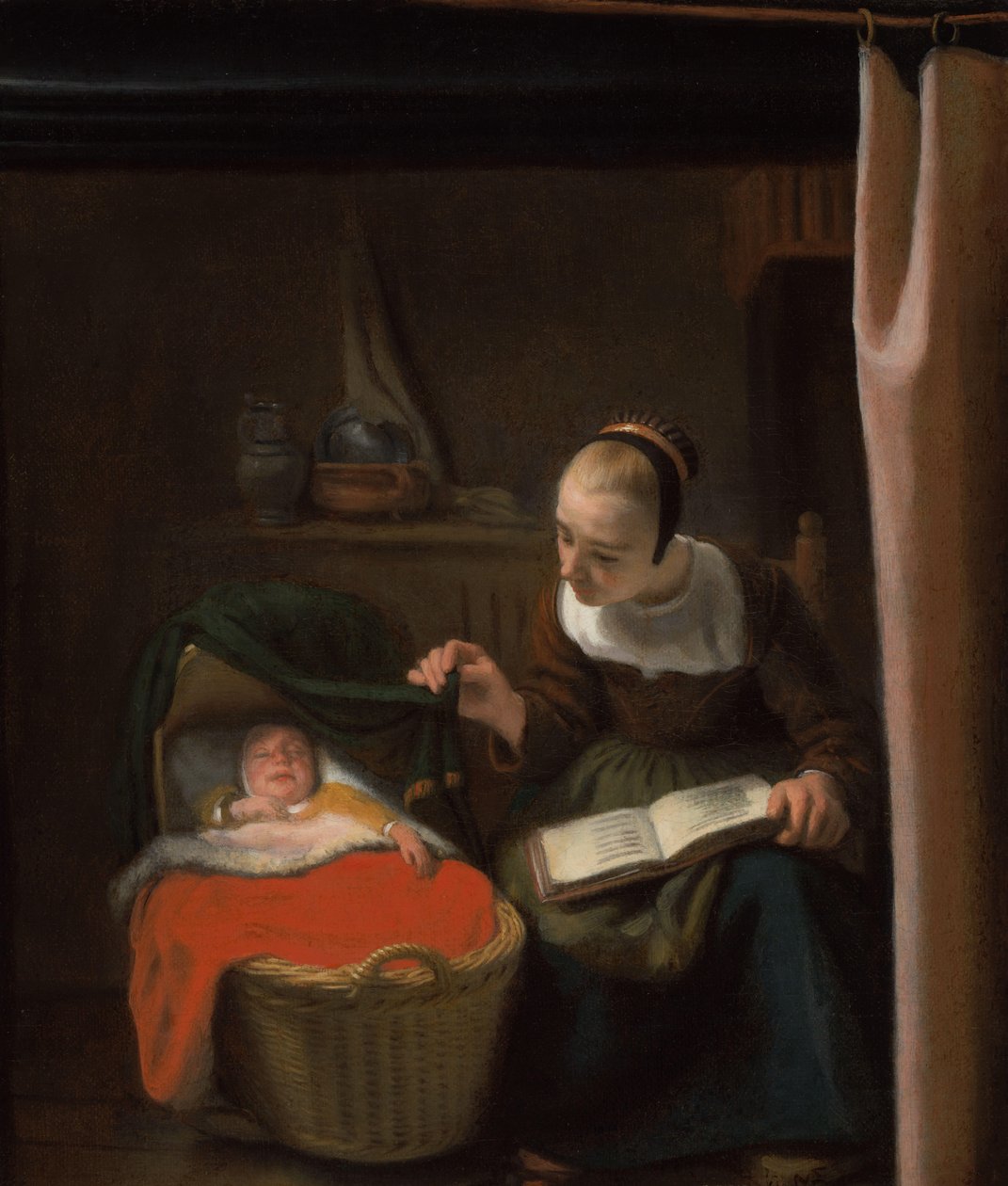 Ung kvinde ved en vugge af Nicolaes Maes