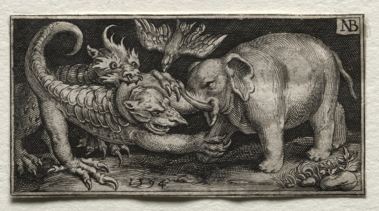 Elefant kæmper mod to udyr af Nicolaes de Bruyn
