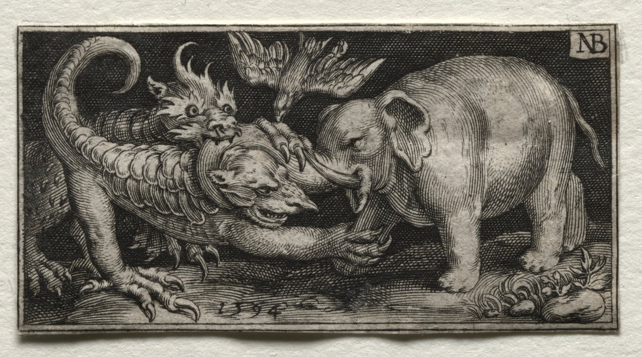 Elefant kæmper mod to bæster, 1594. af Nicolaes de Bruyn