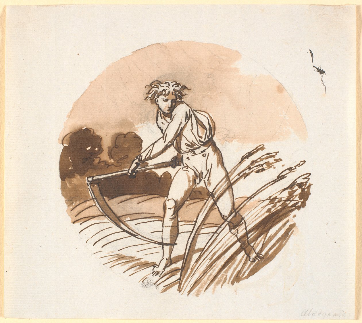 En høstmand, der svinger en le, bagvendt. af Nicolai Abildgaard