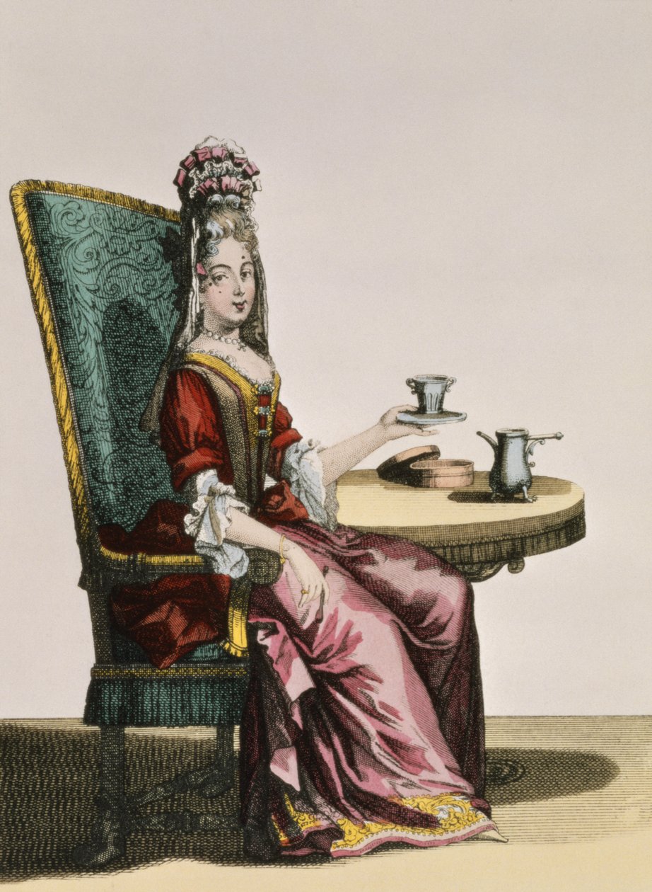 Dame drikker kaffe, modeplatte, ca.1695 af Nicolas Bonnart