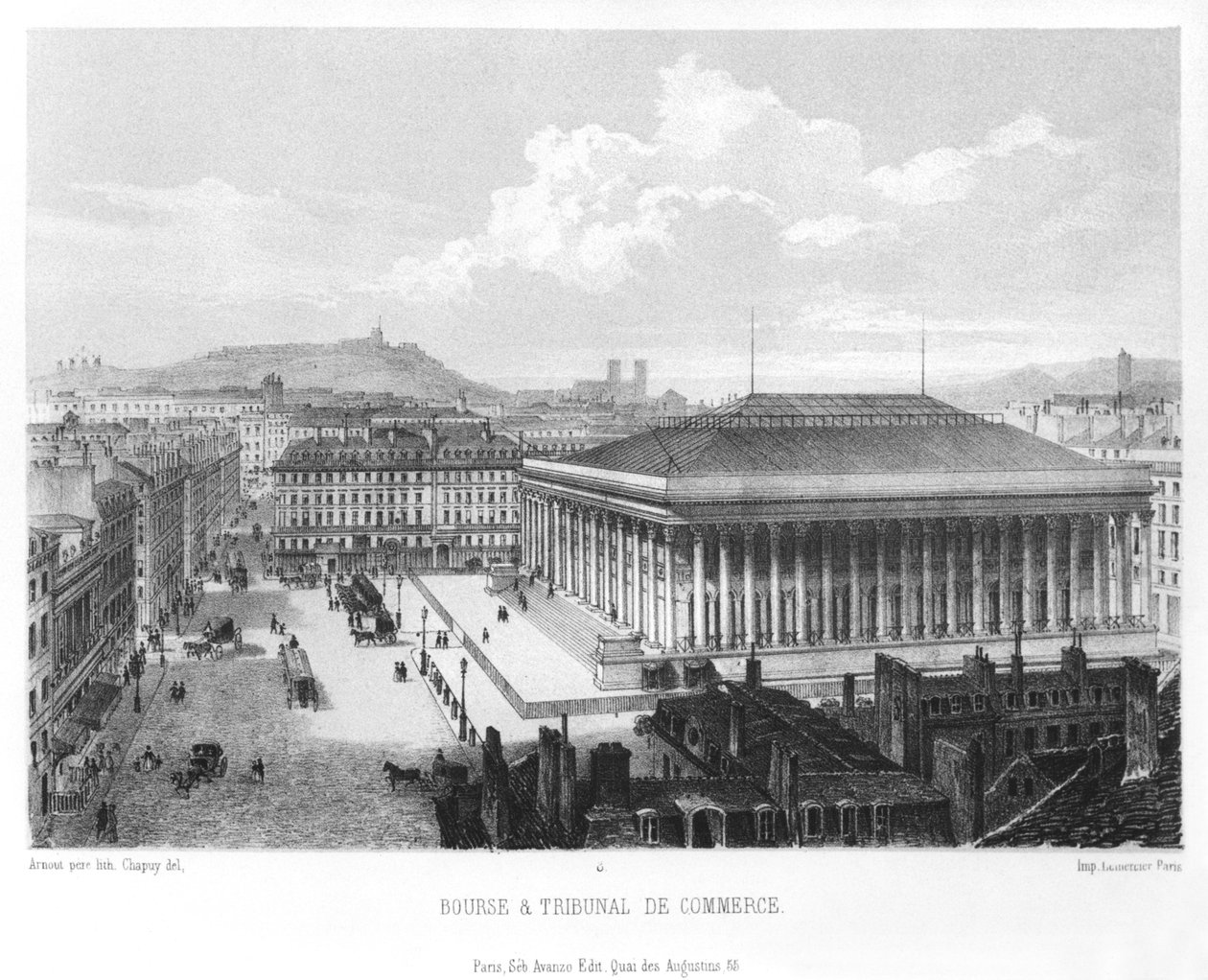 Børsen og handelsretten, Paris, graveret af Jean Baptiste Arnout (f.1788) c.1840 af Nicolas Marie Joseph Chapuy