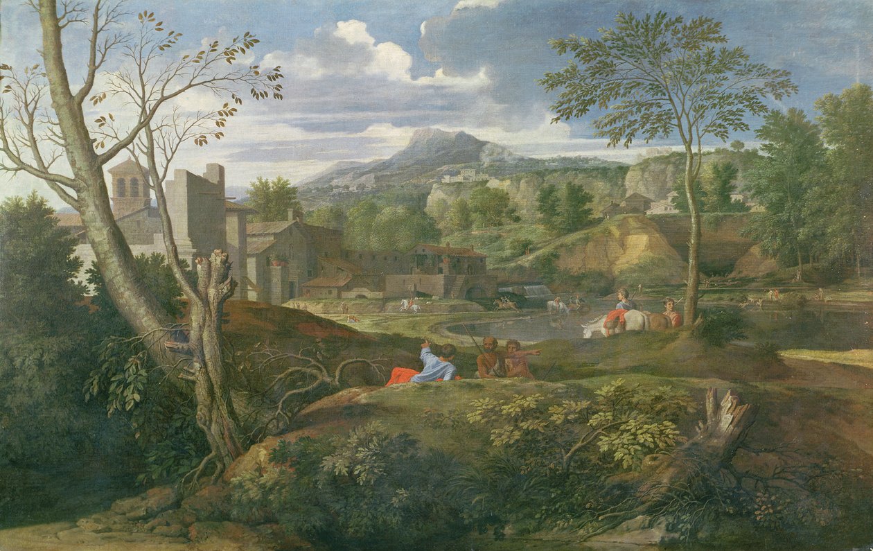 Landskab med bygninger, 1648-51 af Nicolas Poussin